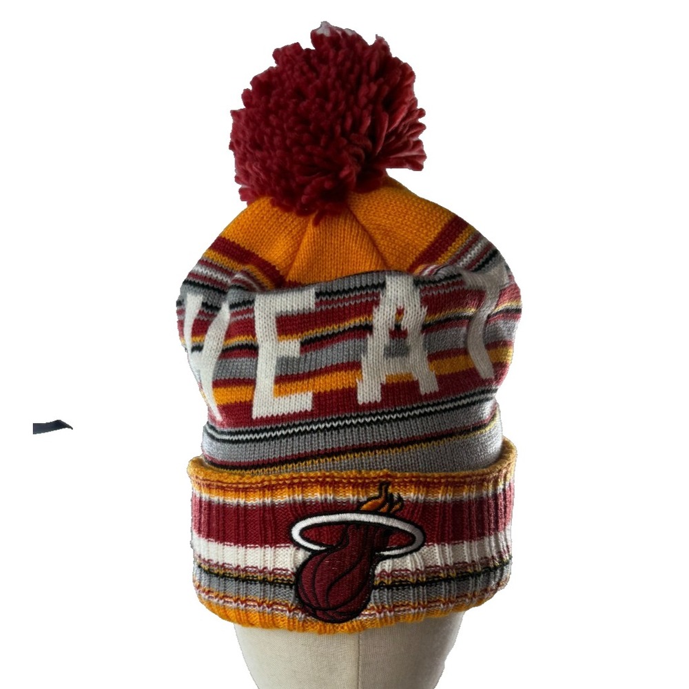 Mitchell & Ness Miami Heat NBA Striped Pom Cuffed Beanie Hat Orange Red NEW
